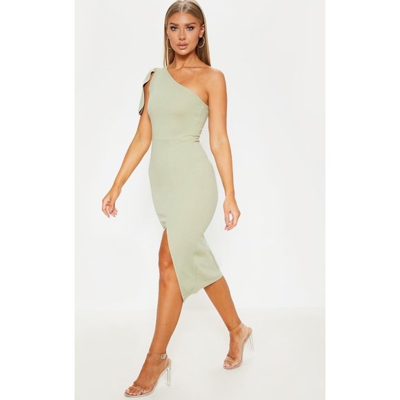 Pretty Little Thing Sage Green One Shoulder Bow Detail Midi Dress 8 NEW - Picture 6 of 15